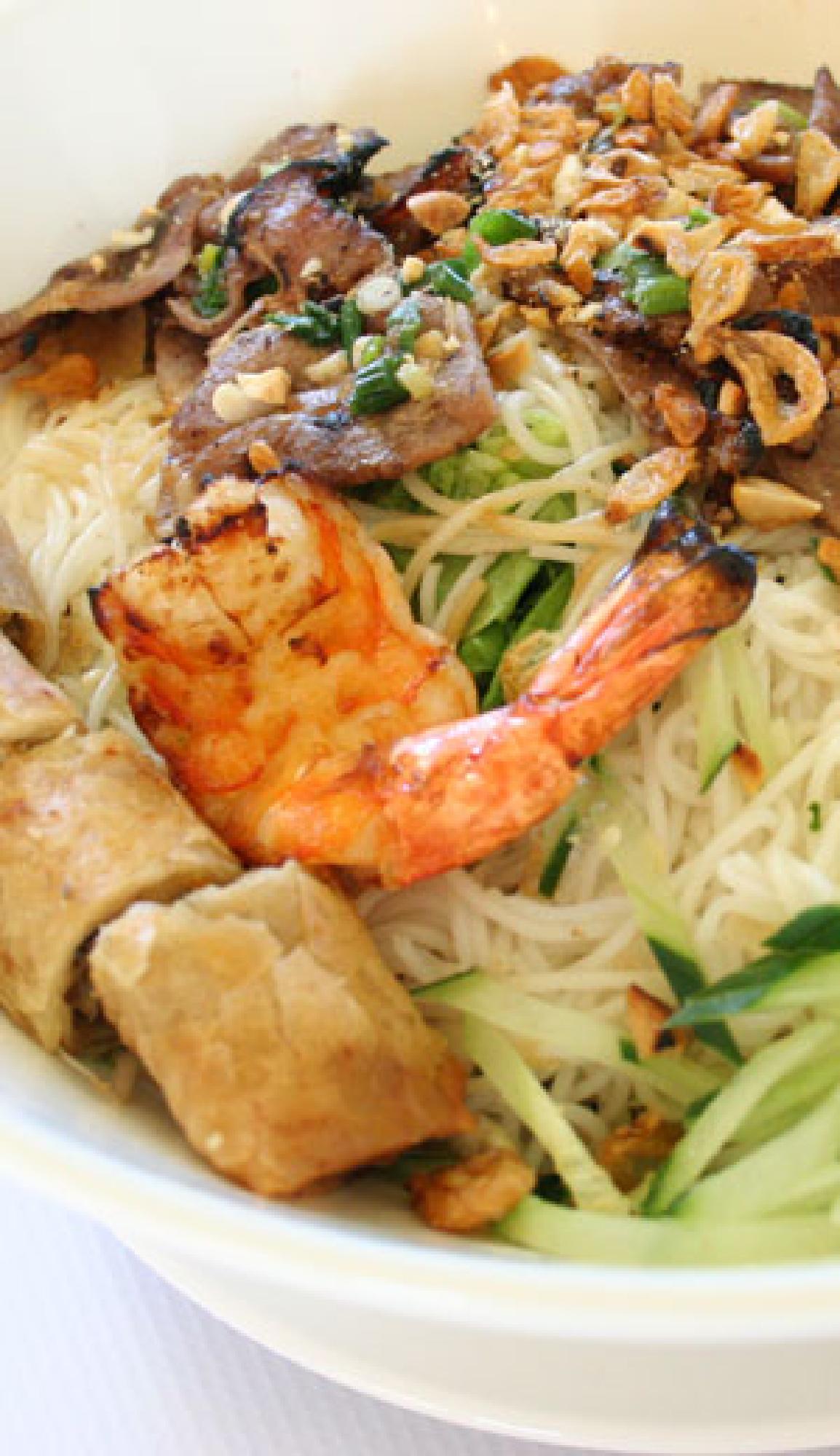 Grilled Jumbo Prawn and Onion Beef Vermicelli with Egg Rolls